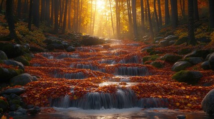 Autumn stream, forest path, sunrise, leaves, nature