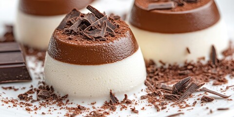 Classic two-tone chocolate panna cotta featuring layered cream in white and dark brown topped with dark chocolate shavings on a white plate.