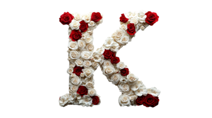 A sophisticated letter 'K' with intricate white and red rose decorations, displayed on a plain white canvas