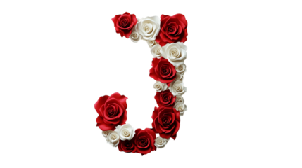 A sophisticated letter 'J' with intricate white and red rose decorations, displayed on a plain white canvas