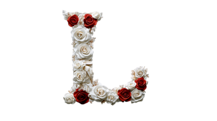 A sophisticated letter 'L' with intricate white and red rose decorations, displayed on a plain white canvas