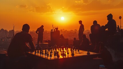Fototapeta premium Silhouetted people playing chess at sunset.