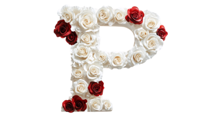 A sophisticated letter 'P' with intricate white and red rose decorations, displayed on a plain white canvas