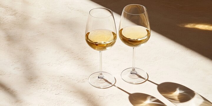 Two elegant glasses of white wine on a light beige surface with soft shadows and bright highlights reflecting natural sunlight during the day