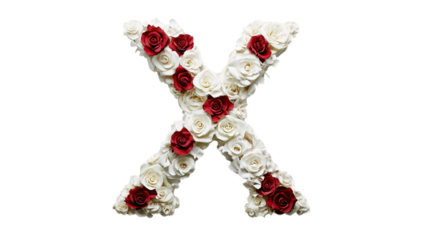 A sophisticated letter 'X' with intricate white and red rose decorations, displayed on a plain white canvas