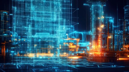 High-tech construction site with glowing blueprints