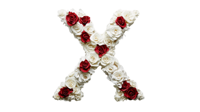 A sophisticated letter 'X' with intricate white and red rose decorations, displayed on a plain white canvas