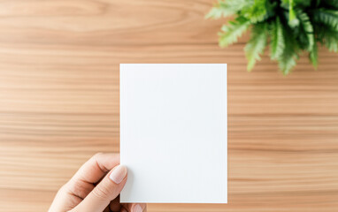 Fototapeta premium A hand holding a white card on a wooden table