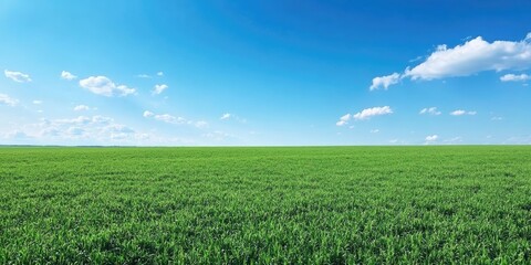 Vast green alfalfa field stretching out under a bright blue sky with soft white clouds creating a serene and open atmosphere ideal for overlays