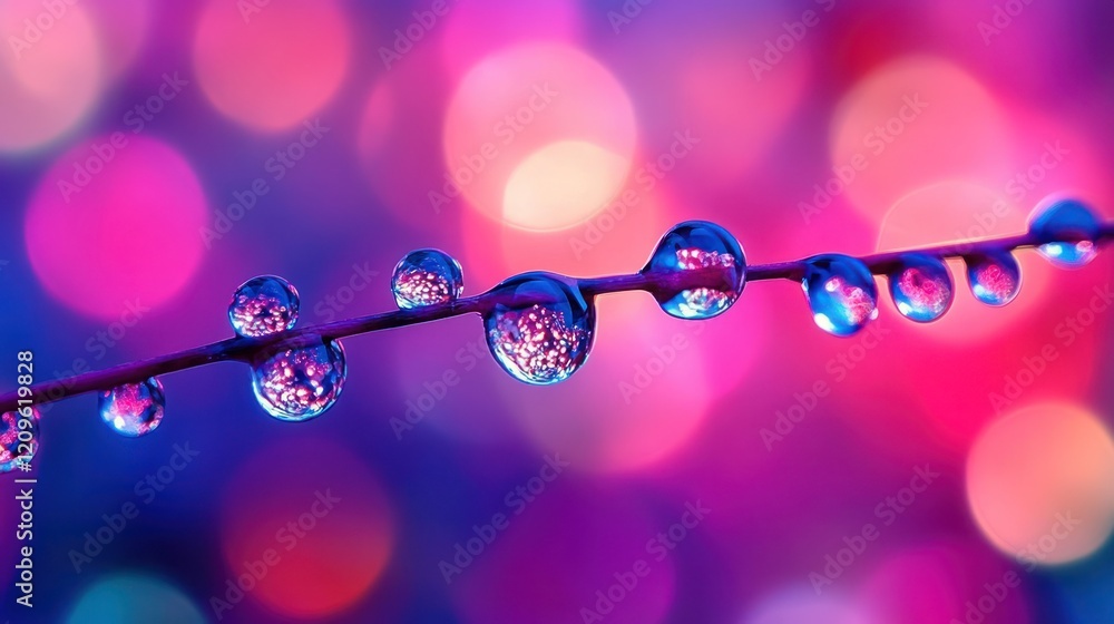 Poster dew drops on a twig with bokeh background.
