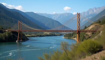 Obraz premium Golden suspension bridge over a calm blue river in mountains