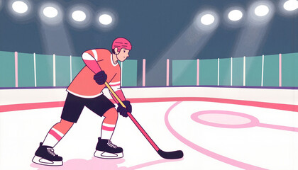 Hockey player preparing for a shot in empty ice rink, athletic focus