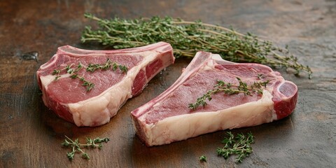 Raw T-bone steaks with fresh thyme arranged on a rustic wooden surface showcasing rich red meat and green herbs against a warm brown background.