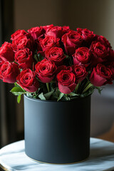 Elegant floral arrangements featuring vibrant red roses in a stylish black box, enhanced with lush greenery. These luxurious bouquets create a timeless and sophisticated look, ideal for romantic gifts