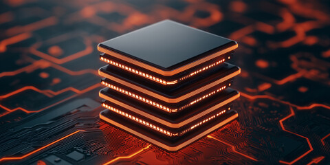 stack of glowing server blocks on circuit board background, showcasing intricate designs and vibrant orange lights, creating futuristic technology vibe