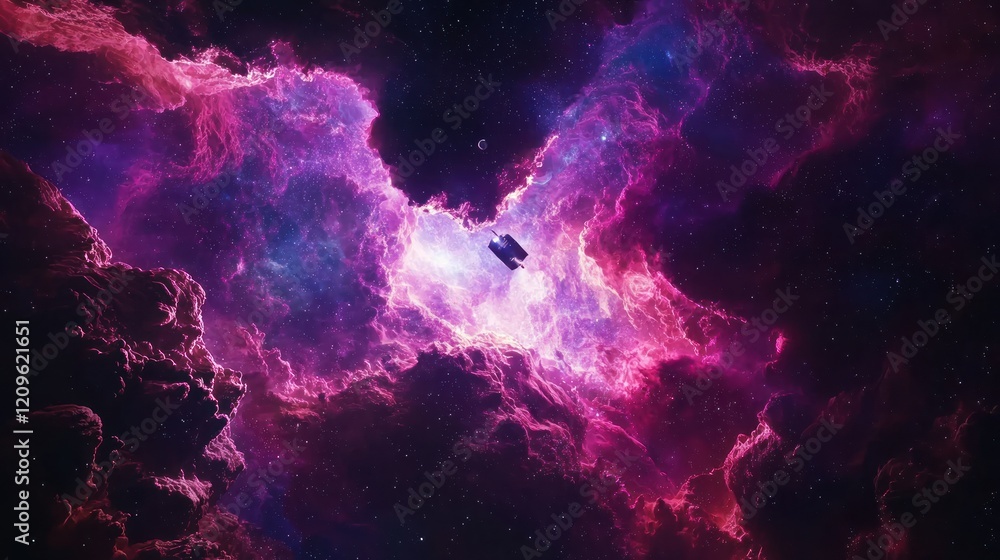 Poster a spaceship navigates through a vibrant nebula in space, surrounded by stars and cosmic clouds