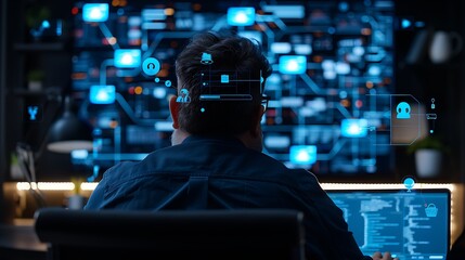 Programmer working late, network data visualized, dark room, software development