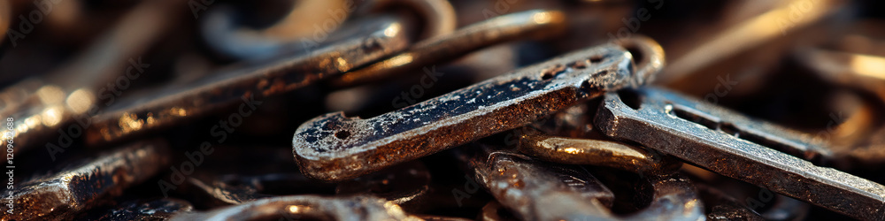 Poster close-up photograph of multiple rusted metal keys and key blanks