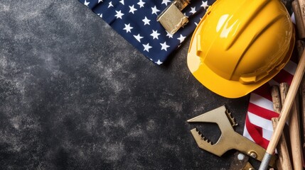 A detailed close-up showcasing a hard hat, various wrenches, and a flag, symbolizing construction, safety, and teamwork in the industry.