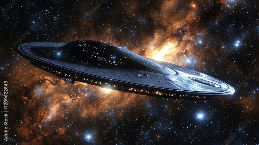 Aufkleber a futuristic spaceship flies through a colorful nebula in deep outer space with stars