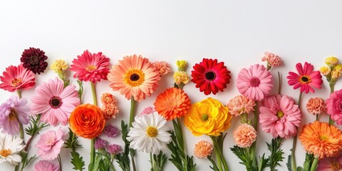 Obraz premium Colorful flower arrangement featuring pink, orange, yellow, and red blooms in a horizontal line against a clean white background.