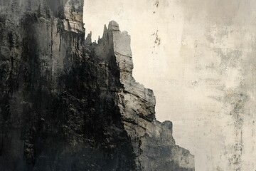 Craggy, layered rock formation contrasts with pale, textured background.