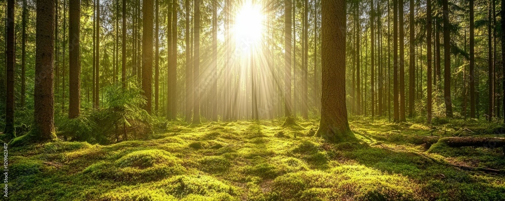 Poster scenic view of a dense forest with sunlight filtering through the canopy.