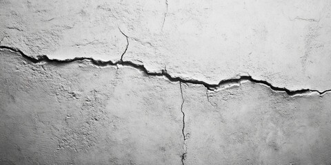 Obraz premium Abstract close-up of a vertical gray wall crack with textured surface detail and ample white space for captions or text overlays on the right side