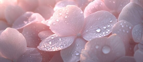 Close-up of pink flower petals with dew drops in soft sunlight.