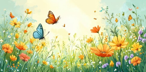 Butterflies flutter amidst a vibrant wildflowers meadow