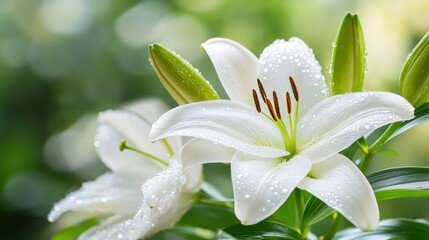 Fototapeta premium Dew-kissed white lilies in a garden.
