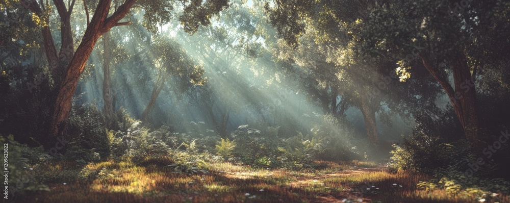 Poster scenic view of a dense forest with sunlight filtering through the canopy.