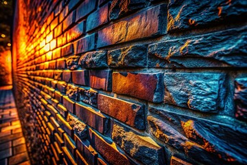 Dark Stone Brick Wall Texture Panorama: Macro Photography of Rough Brick Surface with Dramatic Overhead Lighting