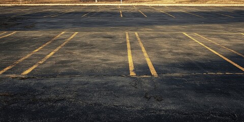 Vacant asphalt parking lot with faded yellow lines under soft lighting horizontal composition with empty spaces and brown grass background