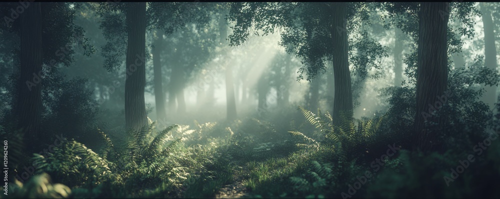 Poster scenic view of a dense forest with sunlight filtering through the canopy.