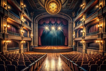 Obraz premium Dark Theater Stage: Empty Seats, Spotlights, Wooden Floor, Dramatic Surreal Photography