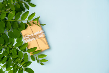 Acacia branch with gift box on a blue background. Flat lay, top view. Copy space