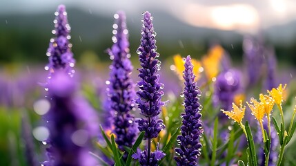 Obraz premium Purple flowers sunset rain field nature background postcard