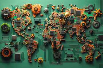 Unique world map created from circuit boards and gears showcasing technological innovation and creativity