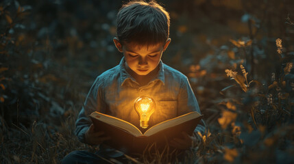 boy reading book outdoors at dusk, illuminated by glowing light bulb, creating magical atmosphere
