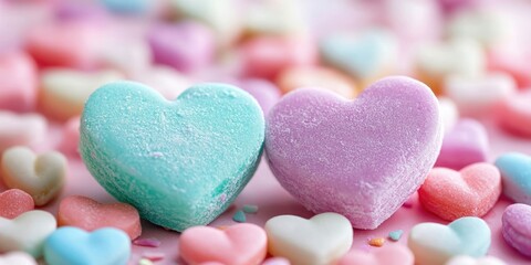 Obraz premium Colorful heart-shaped candies in pink, blue, and purple arranged on a soft pastel background, two larger hearts in focus amidst smaller ones.