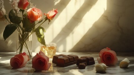 Fototapeta premium Roses chocolates and amber liquid in sunlit setting