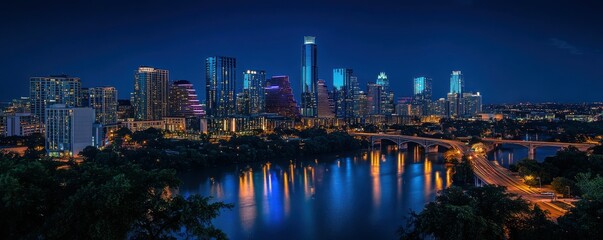 Obraz premium A panoramic view of a city skyline at night, with lights twinkling like stars against the dark sky.