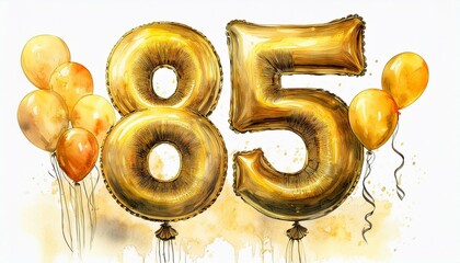 Gold birthday / anniversary party balloon, number 85, watercolor painting with white background