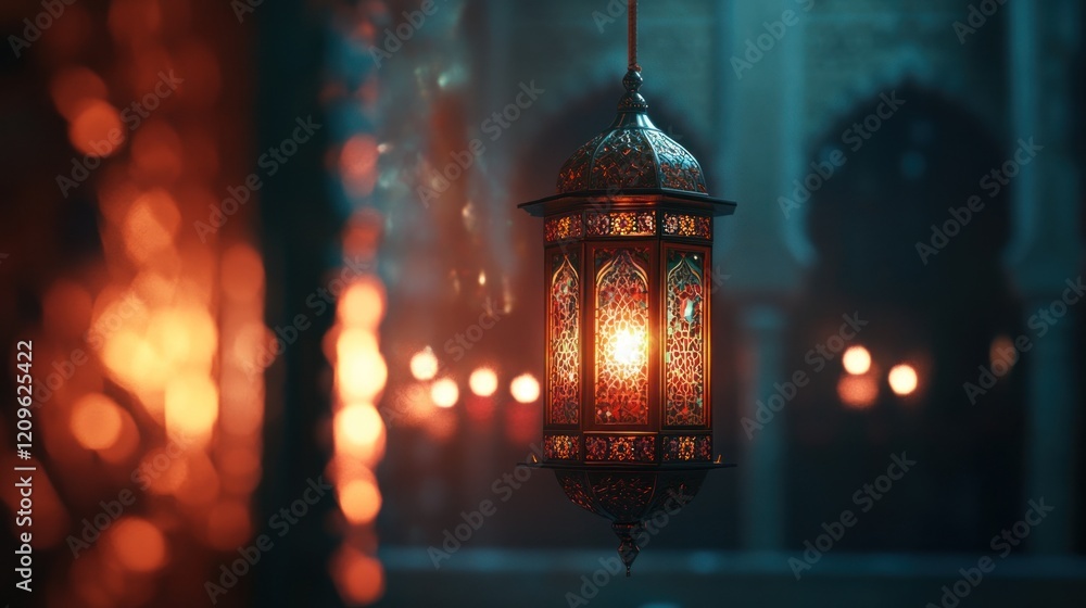 Poster illuminated moroccan lantern hanging in dark ambient setting with bokeh lights.