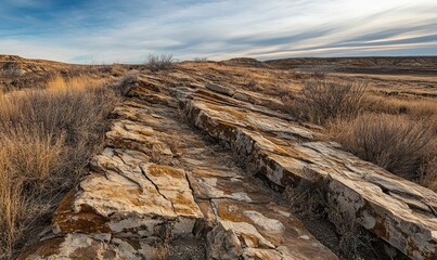 Rocky path with dry bushes under cloudy sky.