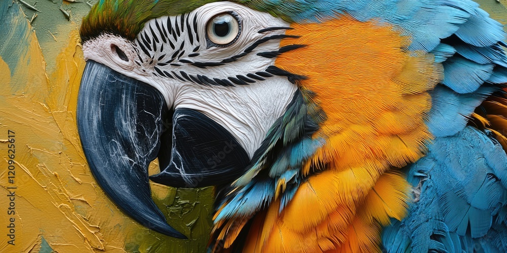 Wall mural Vibrant closeup of a blue and yellow macaw parrot against an orange and teal abstract background with intricate feather details and vivid colors.