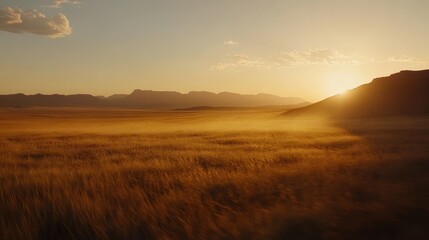 Sunset over a hazy, golden grassland with distant mountains.