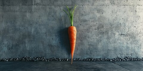 Vibrant orange carrot with green greens against a textured gray concrete backdrop minimalistic design ample space for text horizontally oriented
