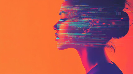 Futuristic Woman Profile with Digital Glitch Effect in Vibrant Neon Colors